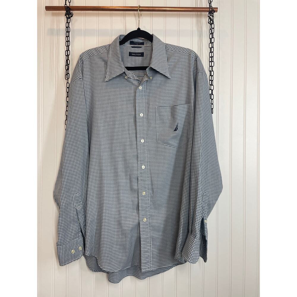 Nautica Men’s Blue White & Black Gingham Cotton Button Down Shirt Size L